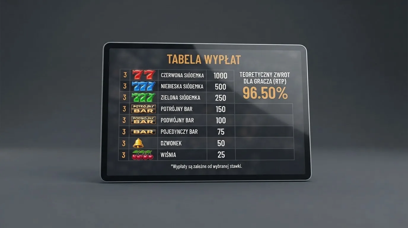 ekran automatu online z otwartą tabelą wypłat pokazującą wartość procentową RTP