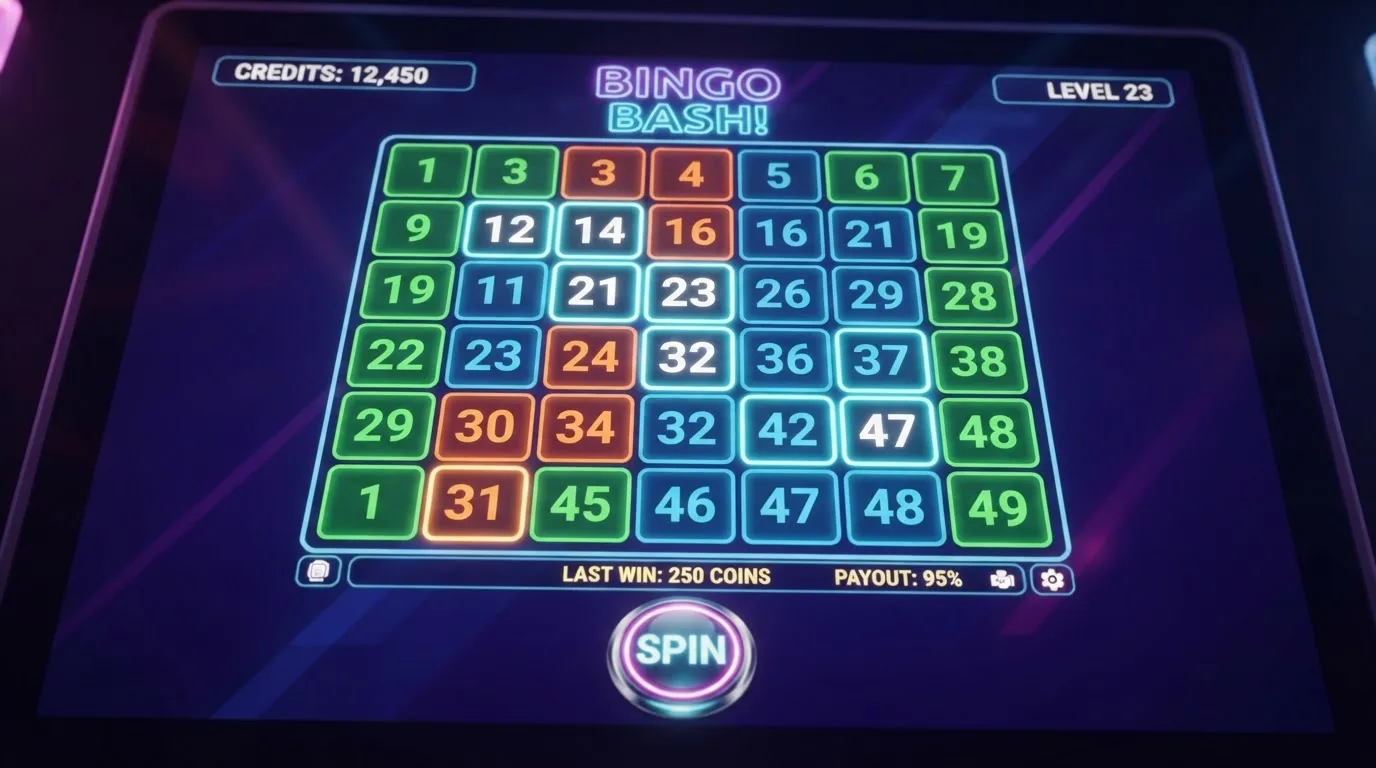 Ekran automatu do gry z kolorową planszą w stylu bingo i podświetlonymi liczbami