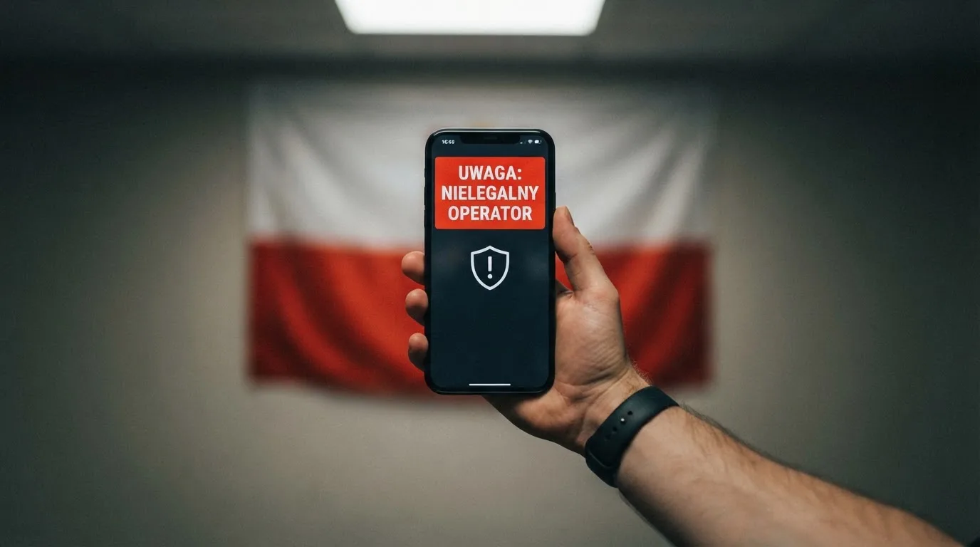 Dłoń trzymająca telefon z widocznym komunikatem ostrzegawczym o legalności hazardu online na tle biało-czerwonej flagi Polski.