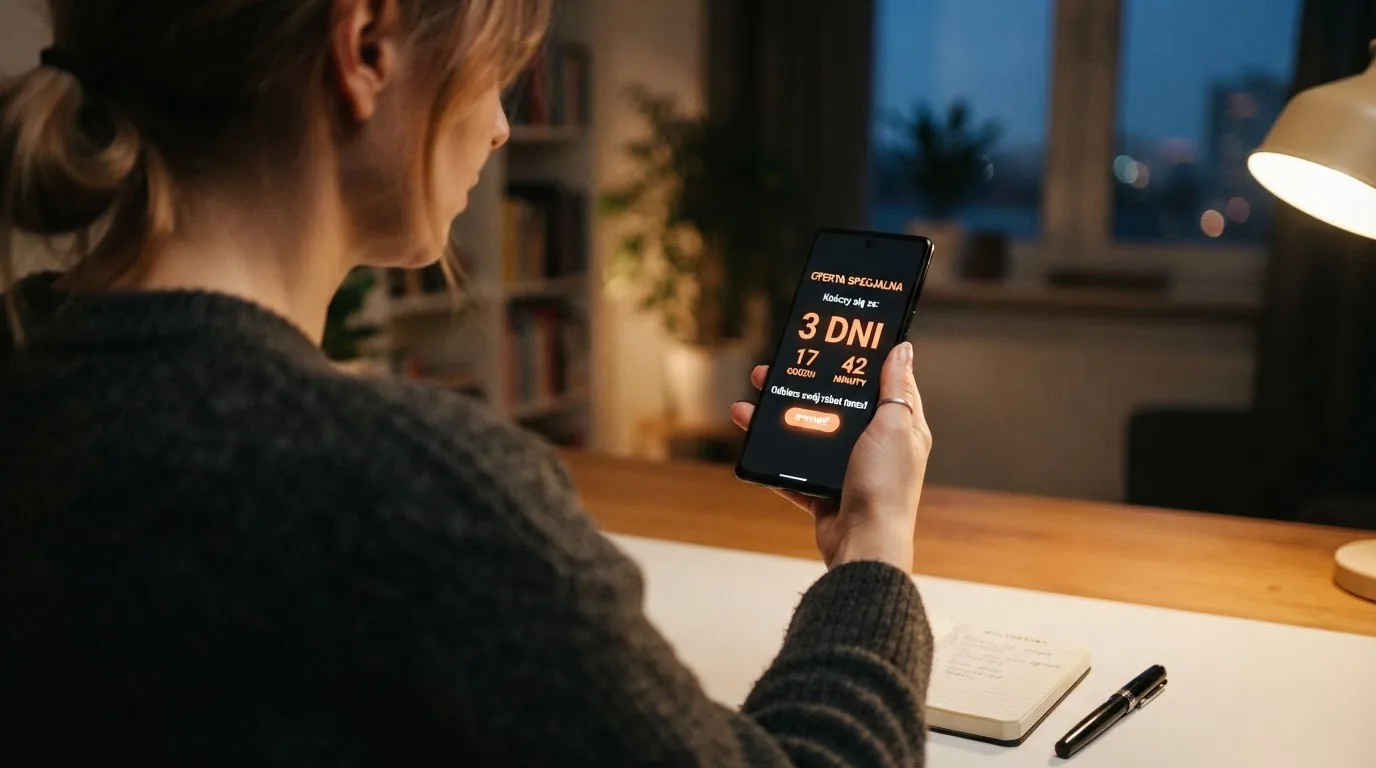 Zbliżenie na telefon z listą warunków promocji i licznikiem odliczającym dni do końca oferty