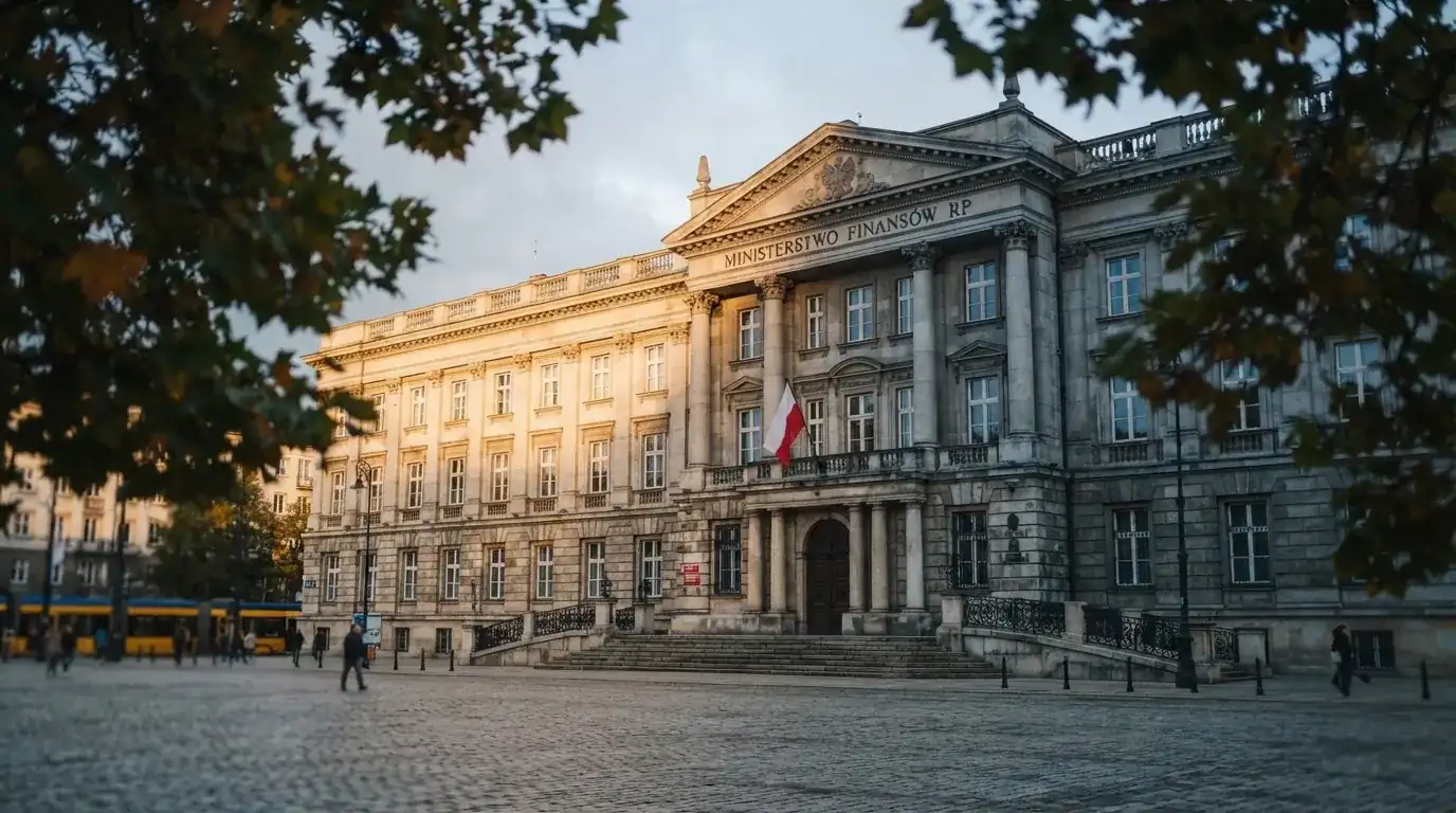 Fasada budynku instytucji państwowej z flagą Polski, symbol nadzoru regulatora nad rynkiem gier hazardowych