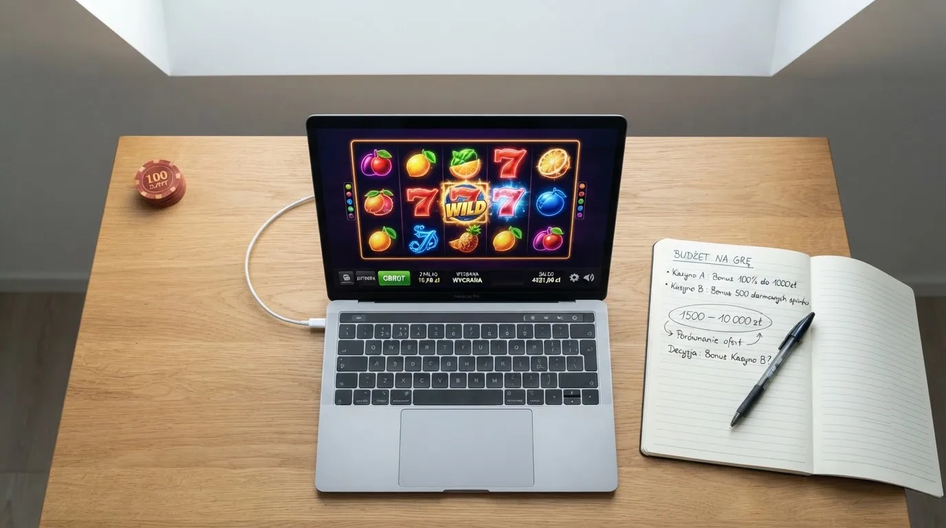 Widok z góry na laptop z otwartą tabelą porównawczą ofert powitalnych kilku serwisów kasynowych