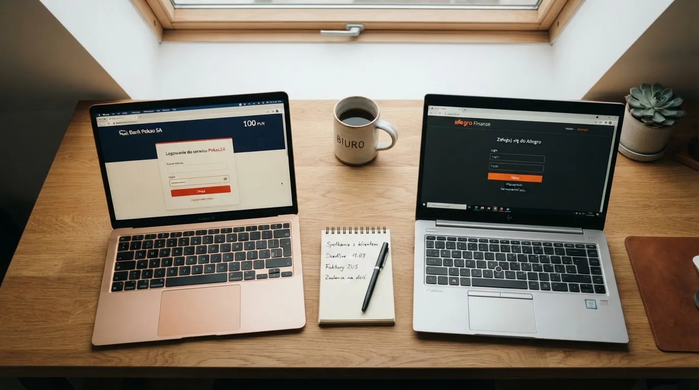 Dwa ekrany logowania kasyna online obok siebie na biurku, jeden z polskim interfejsem złotówkowym, symbolizujące porównanie dwóch różnych serwisów