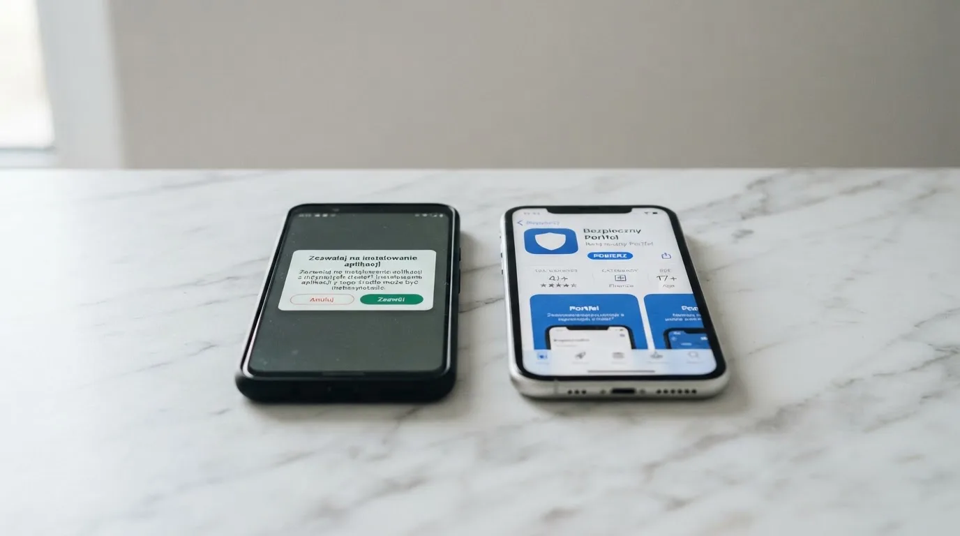 Dwa telefony obok siebie: na jednym komunikat zgody na instalację pliku APK z nieznanego źródła, na drugim strona aplikacji w sklepie z przyciskiem pobierania