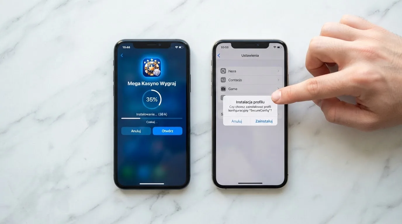 Dwa iPhone'y obok siebie: na jednym instalacja aplikacji ze sklepu App Store, na drugim ekran ustawień z prośbą o zainstalowanie profilu konfiguracyjnego