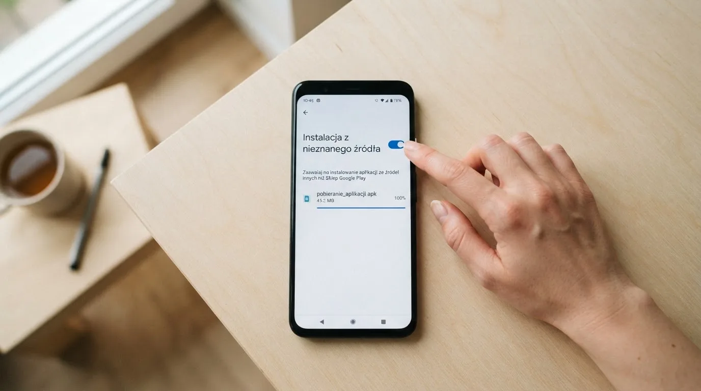 Ekran ustawień Androida z przełącznikiem zgody na instalację aplikacji z nieznanego źródła i pobranym plikiem instalacyjnym na liście