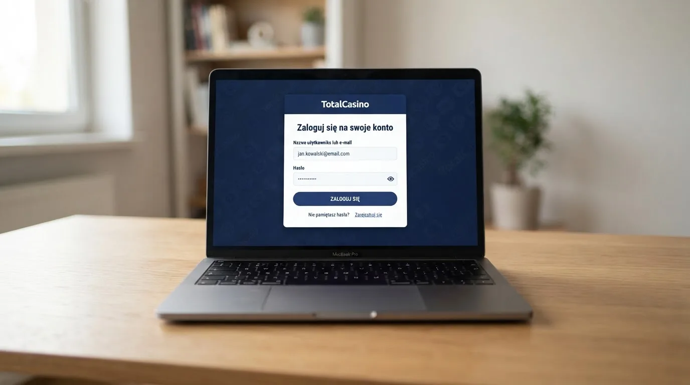 Strona logowania oficjalnej platformy Total Casino na ekranie laptopa, jedynego legalnego kasyna online w Polsce