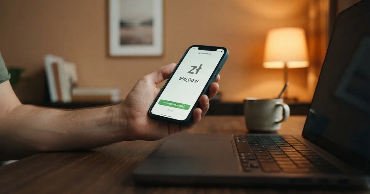 Dłoń trzymająca smartfon z ekranem płatności mobilnej nad klawiaturą laptopa
