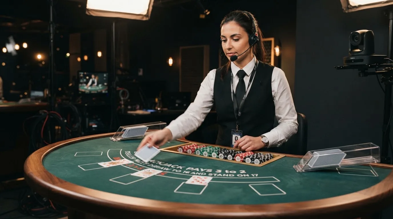 Krupier rozdający karty przy stole blackjacka podczas transmisji na żywo