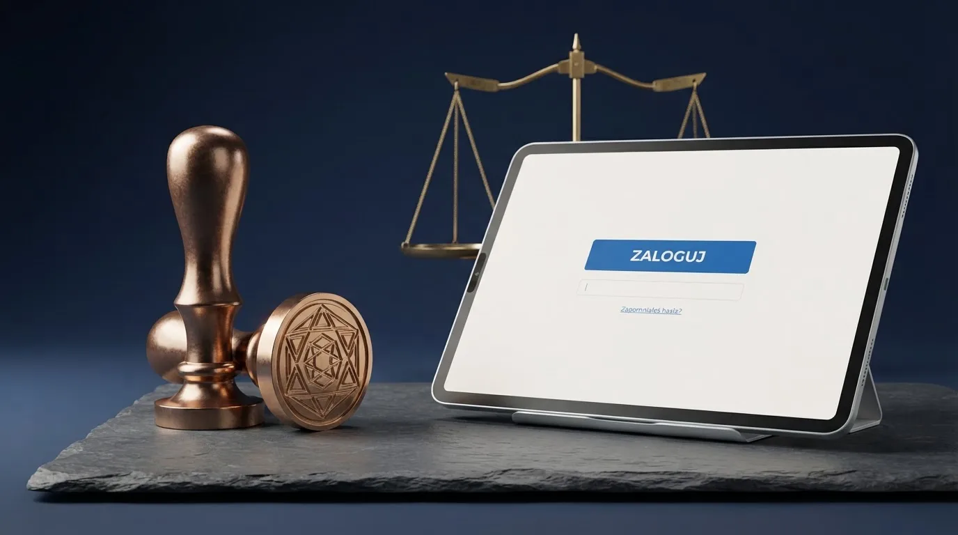 Symboliczna pieczęć urzędowa i waga obok ekranu logowania do serwisu hazardowego