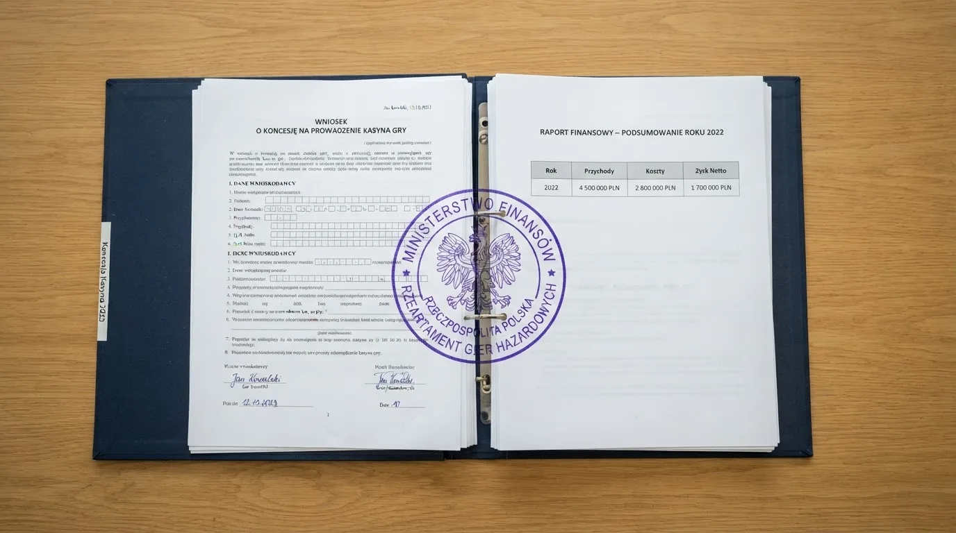 Segregator z wnioskiem o koncesję na kasyno gry, wydrukiem sprawozdania finansowego i urzędową pieczątką leżący na biurku