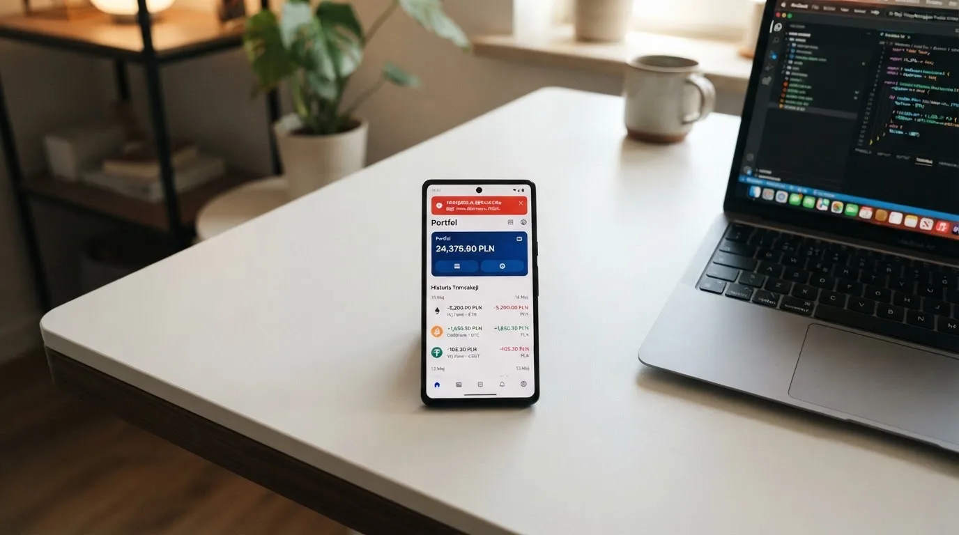 Smartfon z otwartym portfelem kryptowalut i komunikatem o odrzuconej płatności leżący obok laptopa