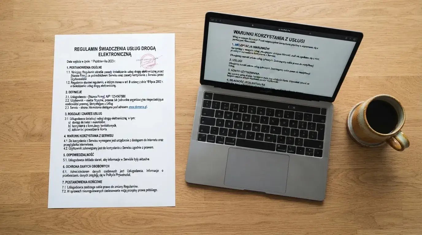 Dokument regulaminu operatora kasyna online rozłożony obok laptopa z otwartą stroną warunków gry