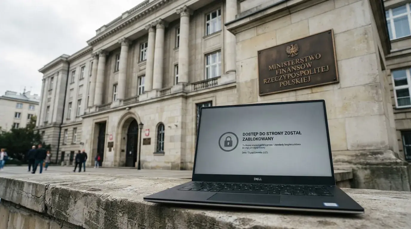 Budynek urzędu z tablicą ministerstwa, na pierwszym planie laptop z komunikatem o zablokowanej stronie kasyna