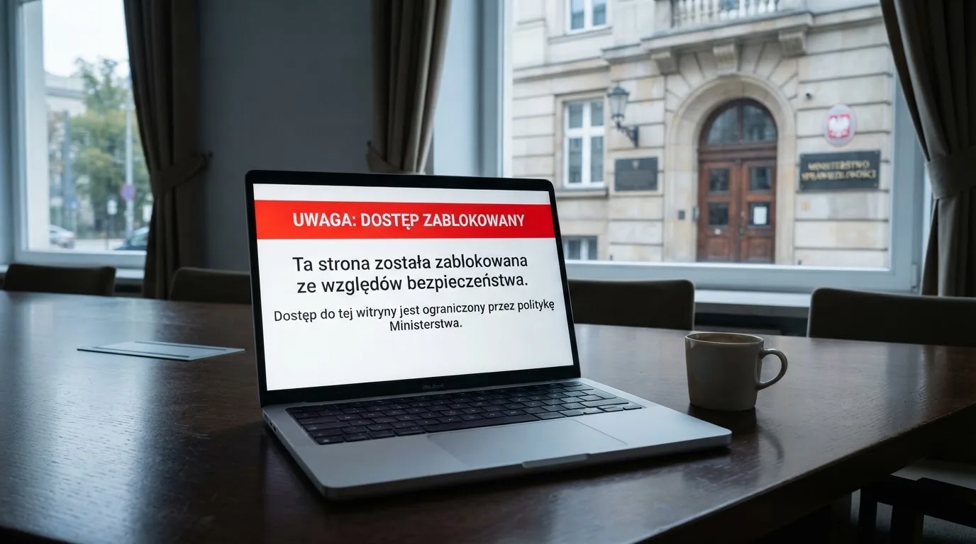 Laptop z komunikatem o zablokowanej stronie hazardowej, w tle budynek urzędu z tablicą ministerstwa