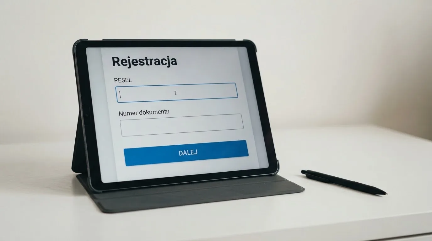Formularz rejestracji konta gracza z polami na PESEL i numer dokumentu tożsamości na ekranie tabletu