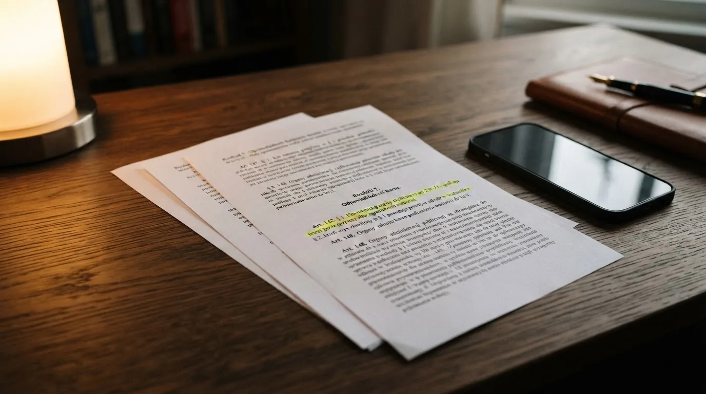 Wydruk ustawy o grach hazardowych z zakreślonymi artykułami leżący na biurku obok wyłączonego smartfona