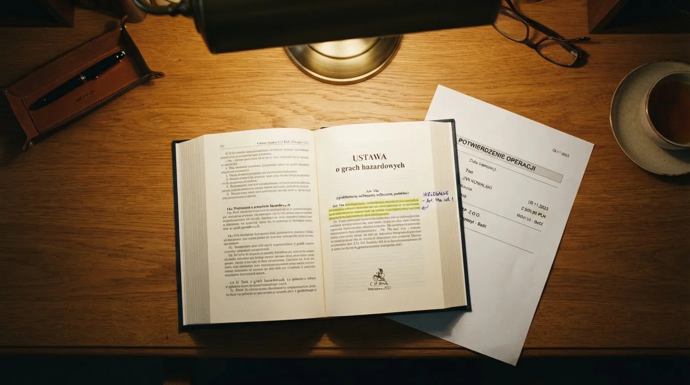 Otwarty tekst ustawy o grach hazardowych z zakreślonym artykułem, obok wydruku potwierdzenia przelewu wygranej