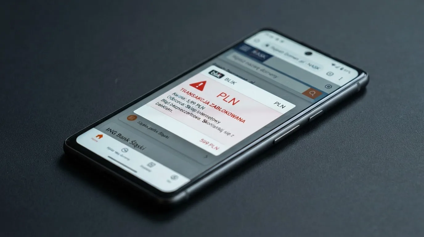 Ekran iPhone'a z odrzuconą płatnością BLIK obok otwartej w Safari wyszukiwarki rejestru domen Ministerstwa Finansów