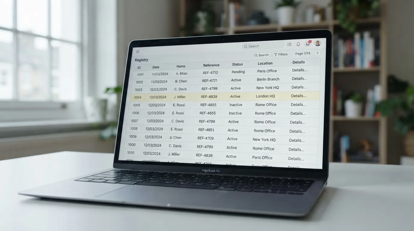 Ekran laptopa z otwartym rejestrem licencji regulatora z Curaçao, w którym jeden wiersz zaznaczono żółtym podświetleniem