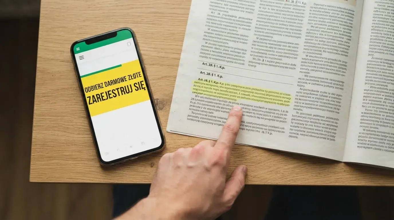 Telefon z banerem obiecującym darmowe złotówki za założenie konta, obok wydrukowany tekst ustawy o grach hazardowych z zaznaczonym artykułem