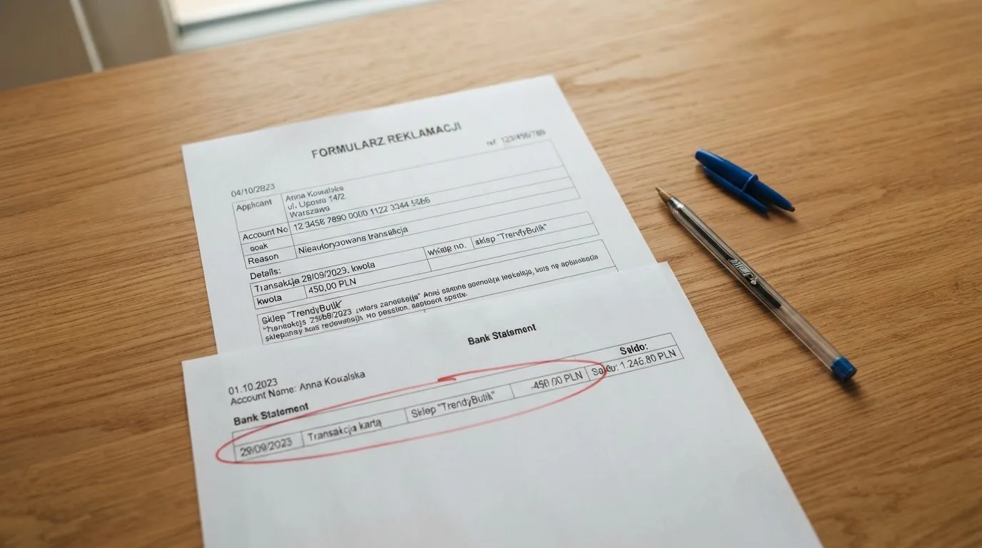 Wydrukowany formularz reklamacji leżący na biurku obok długopisu i wyciągu bankowego z zakreśloną pozycją