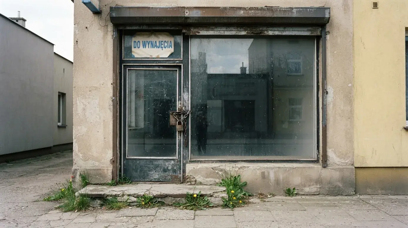 Pusty, zamknięty lokal handlowy z tabliczką „do wynajęcia”, symbolizujący brak działających salonów gry bingo pieniężne