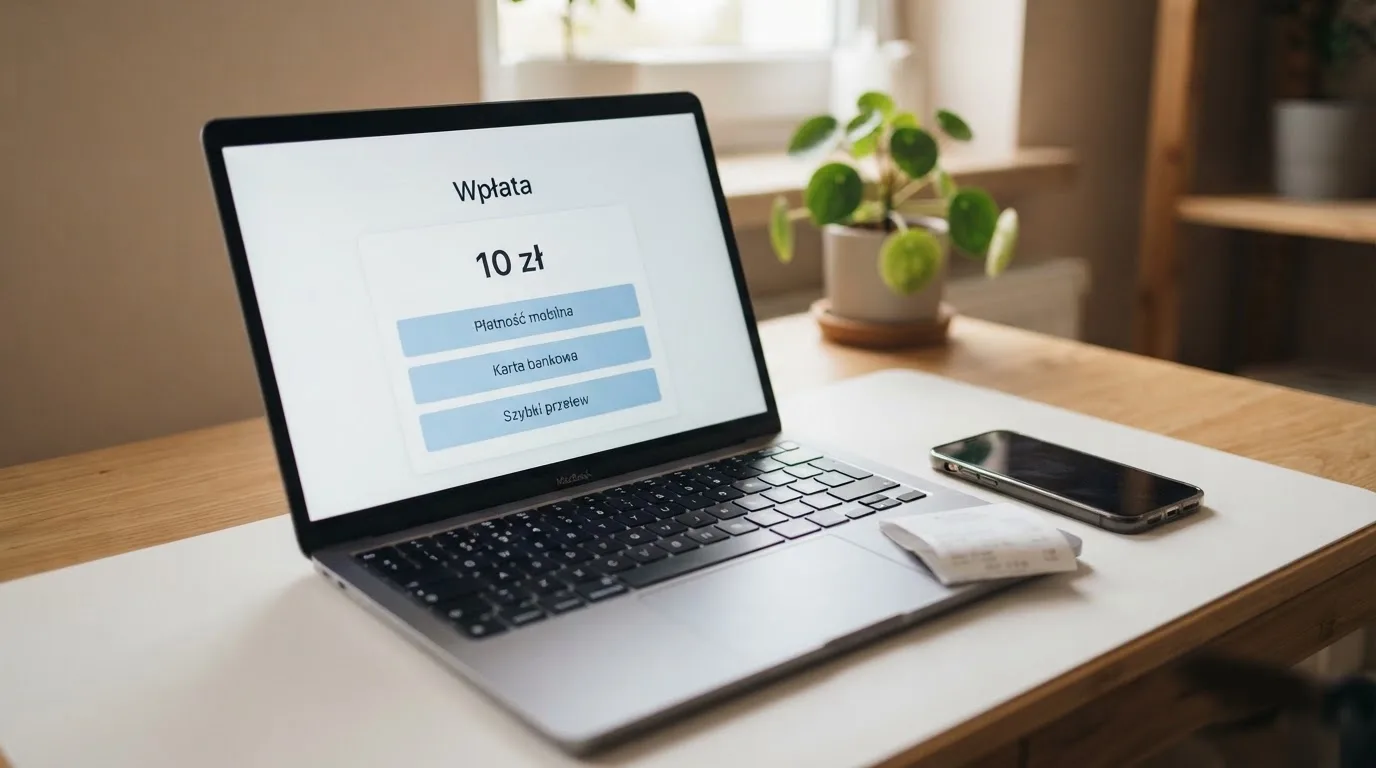 Laptop z otwartym oknem wpłaty na kwotę 10 zł i listą metod: BLIK, karta płatnicza, szybki przelew