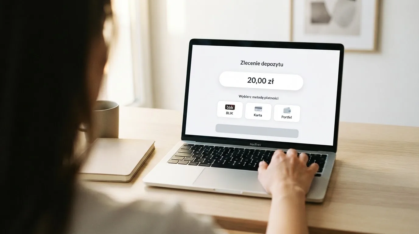 Laptop z otwartym formularzem wpłaty na kwotę 20 zł i wyborem między szybkim przelewem, kartą płatniczą a BLIK-iem